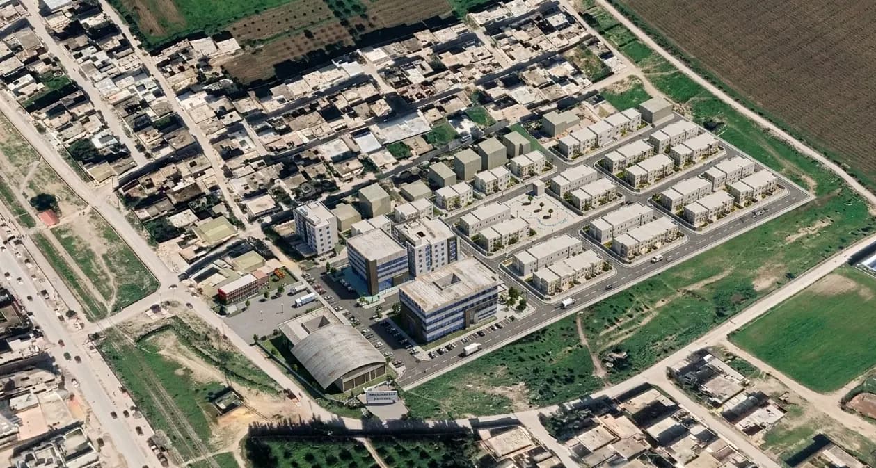 Vue aérienne en perspective des lots résidentiels et des bâtiments du centre urbain