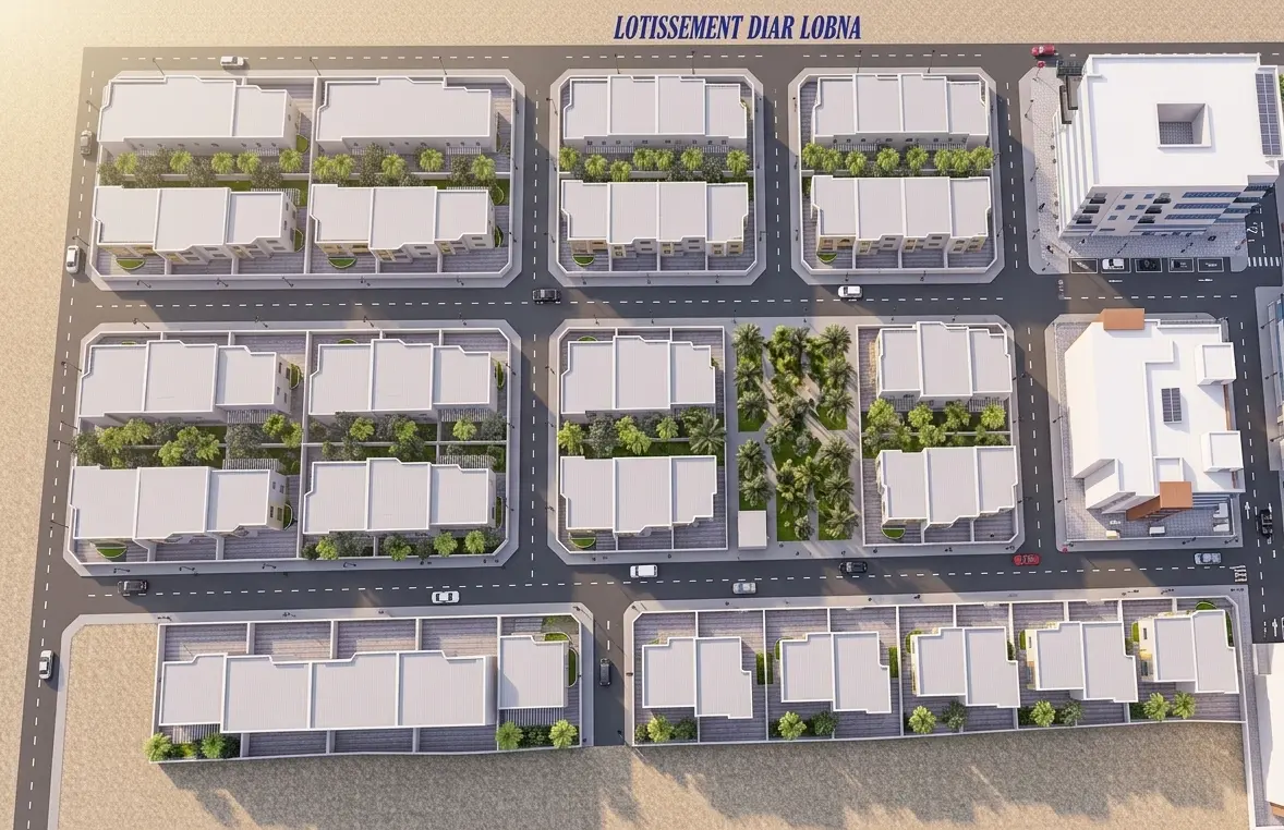 Quartier résidentiel R+2 vu du dessus, avec ses rues et ses lots