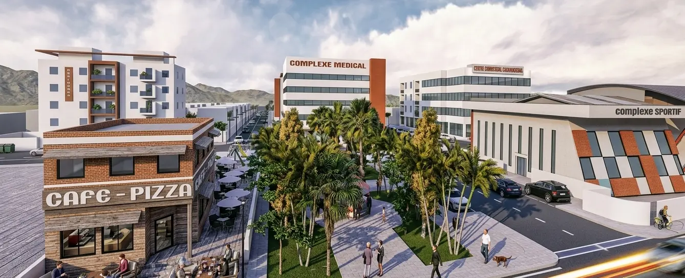 Vue de face du complexe sportif et des commerces